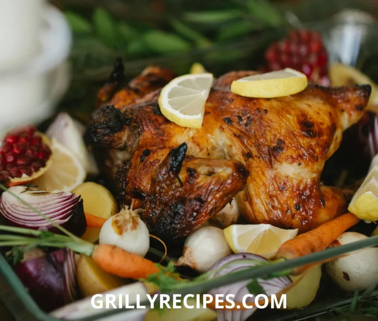 Juicy grilled chicken breast with golden grill marks, served with fresh herbs and lemon wedges.