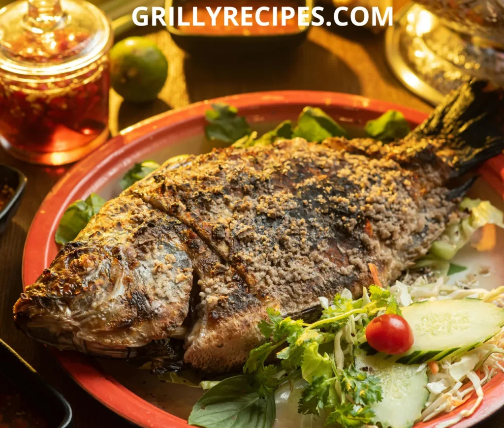 A perfectly grilled whole fish with crispy golden skin, garnished with fresh herbs and lemon slices, served on a wooden platter.