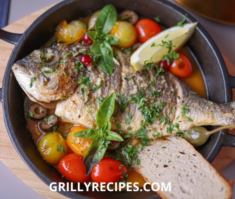 A perfectly grilled whole fish with crispy golden skin, garnished with fresh herbs and lemon slices, served on a wooden platter.