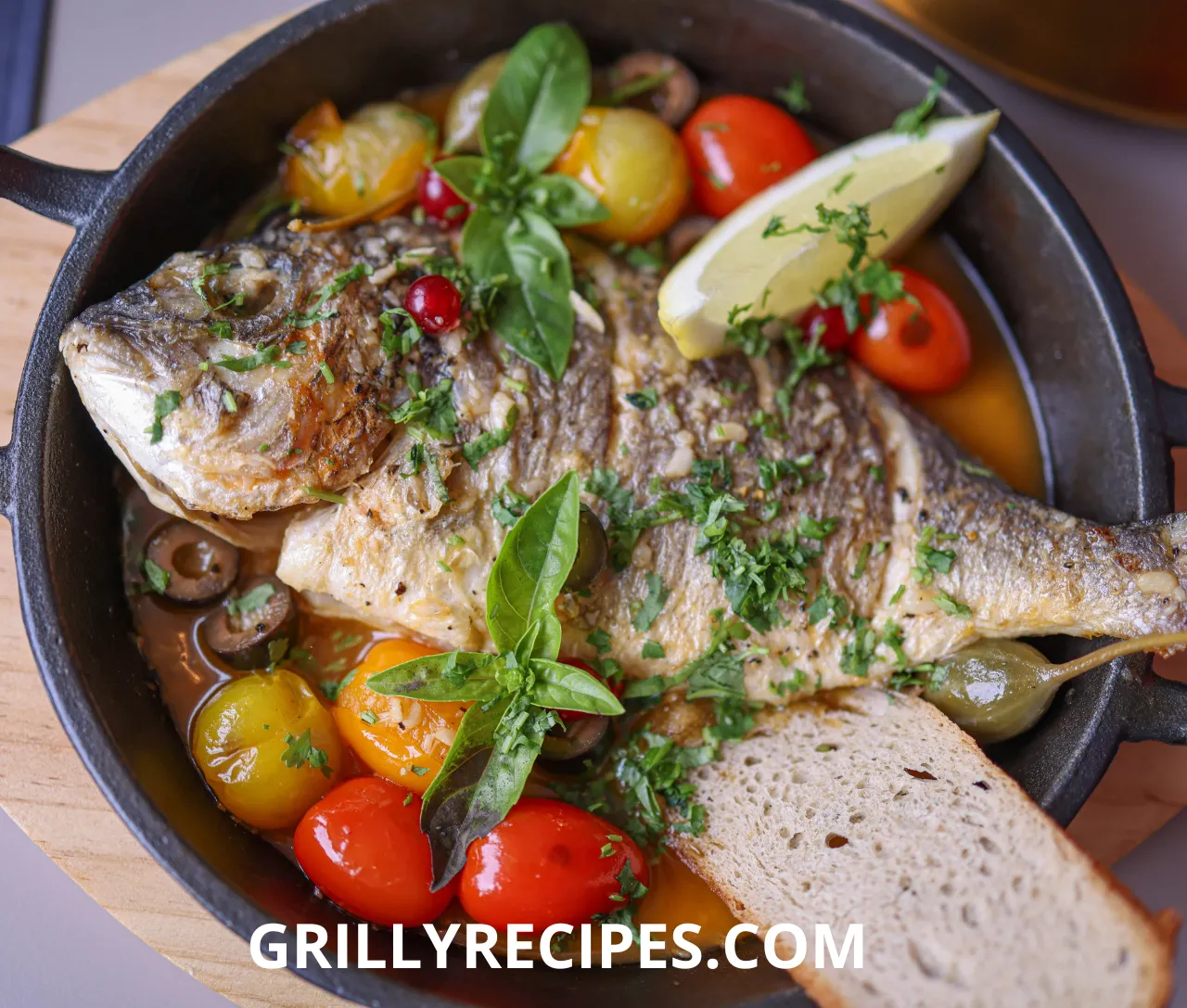 A perfectly grilled whole fish with crispy golden skin, garnished with fresh herbs and lemon slices, served on a wooden platter.