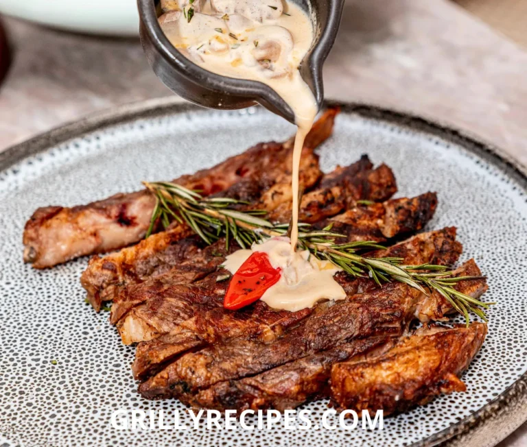 Juicy grilled beef sirloin steak on a wooden cutting board with herbs.