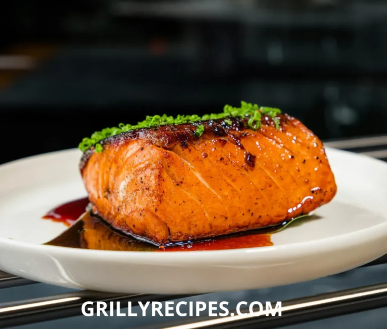 A fresh salmon fillet coated in a rich, flavorful marinade with herbs and citrus, ready for grilling.