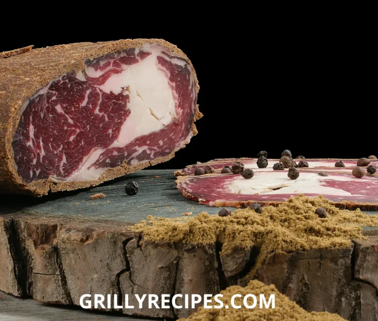 Delicious homemade ground beef jerky strips on a wooden board.
