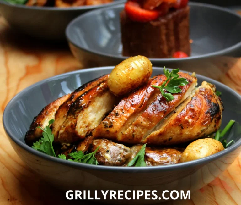 Grilled chicken breasts marinated in a healthy chicken marinade with lemon, garlic, and fresh parsley on a wooden platter