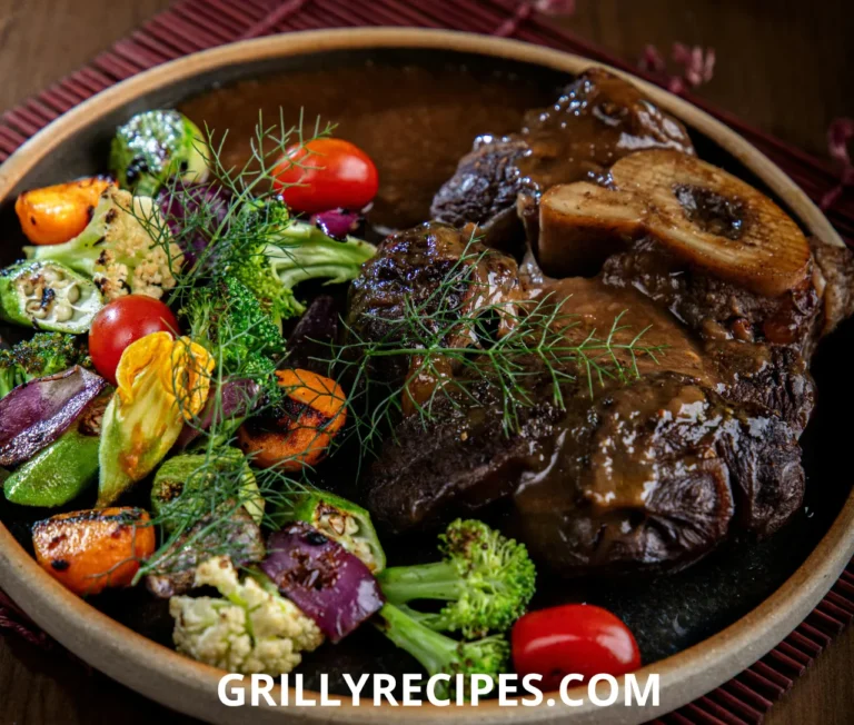 A close-up of a tender, slow-cooked beef shank with rich, savory gravy, garnished with fresh herbs, served on a rustic white plate.