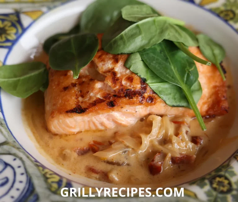 Crispy salmon fillets atop a bed of wilted spinach with garlic, garnished with lemon zest and Parmesan in a black skillet, showcasing a healthy salmon and spinach recipe.