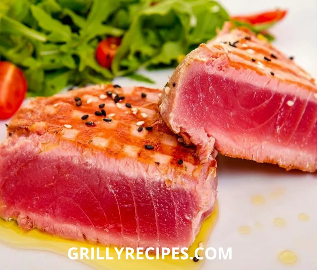 Perfectly Grilled Dolphin Fish, seared on the outside and rare inside, garnished with sesame seeds and served with a fresh arugula salad.