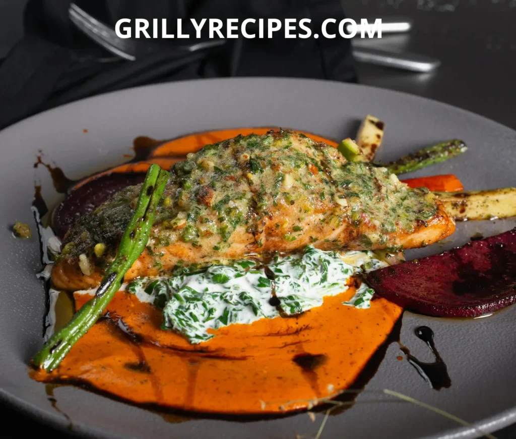 Herb-crusted grilled salmon served with creamy spinach, roasted vegetables, and a rich red pepper sauce.