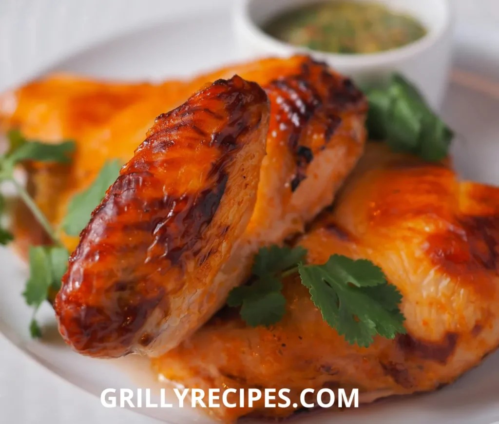 Juicy grilled chicken wings with a golden-brown char, served with dipping sauce on a wooden plate.
