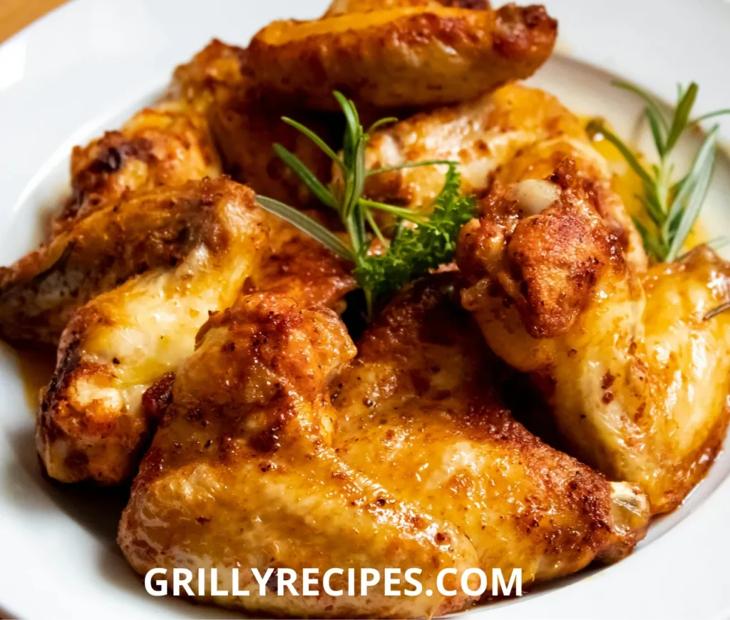 Crispy grilled chicken wings with a smoky char, garnished with herbs and served with a side of dipping sauce
