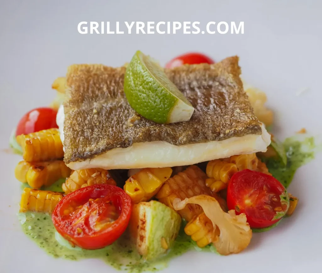 A crispy-skinned fish fillet topped with a lime wedge, served over a bed of grilled corn, cherry tomatoes, avocado, and green sauce.