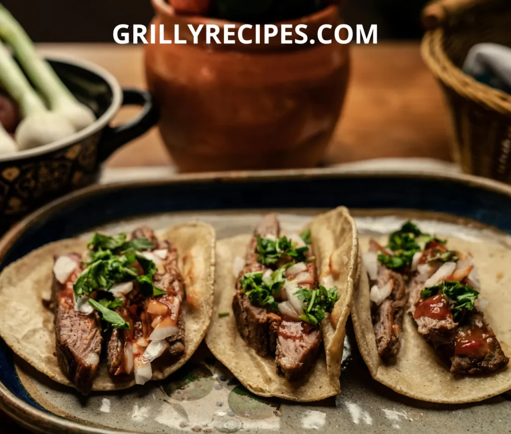 Three grilled fish tacos topped with fresh cilantro, onions, and salsa.