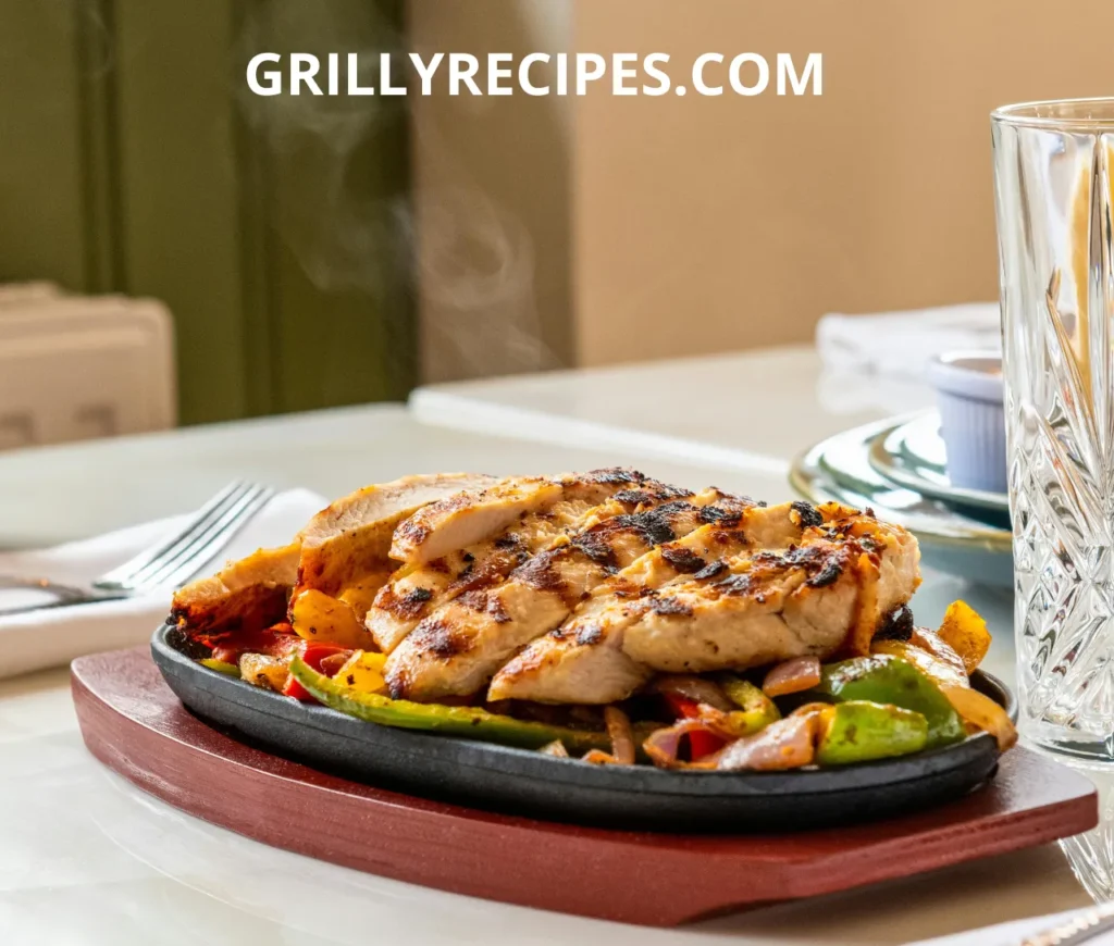 Grilled chicken breast sliced and served on a sizzling plate with sautéed bell peppers and onions.