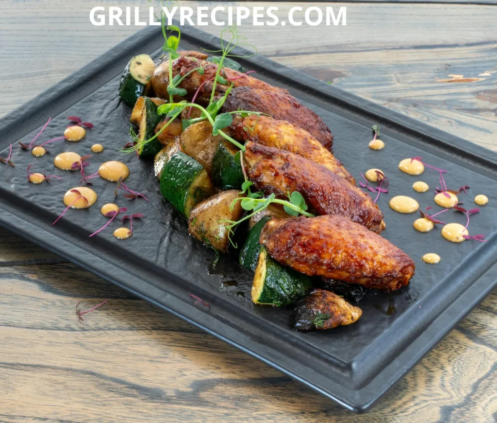 Grilled chicken wings served with roasted zucchini and potatoes on a black platter, garnished with microgreens and sauce.