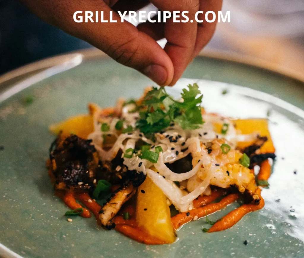 A close-up of a gourmet grilled seafood dish with shrimp, onions, fresh herbs, and a vibrant sauce, garnished with cilantro.