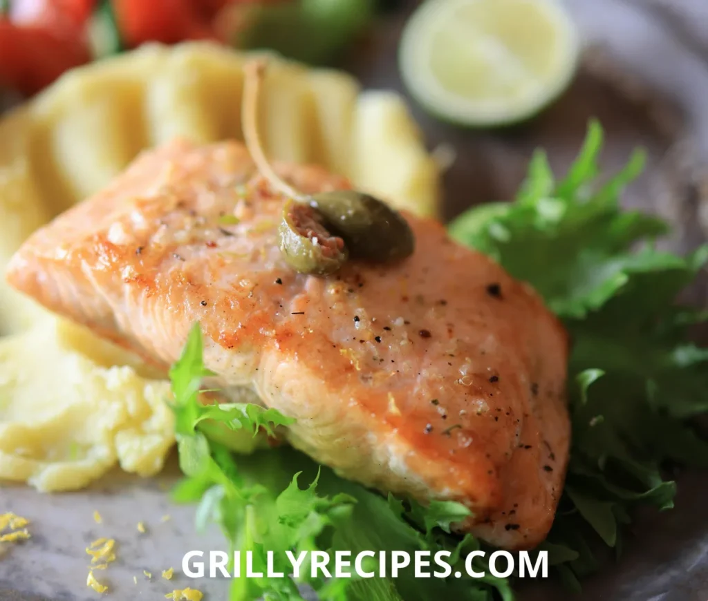 A pan-seared salmon fillet garnished with capers, served with mashed potatoes and fresh greens.