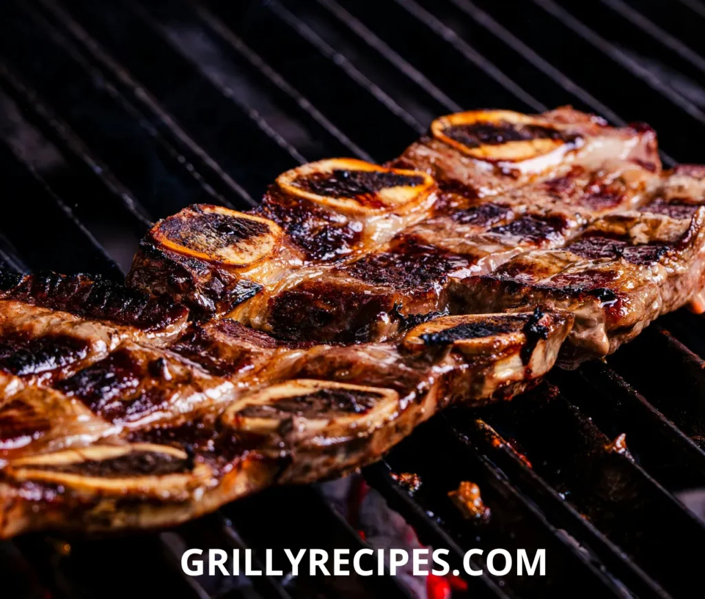 Grilled Beef Ribs sizzling on a grill with a smoky char