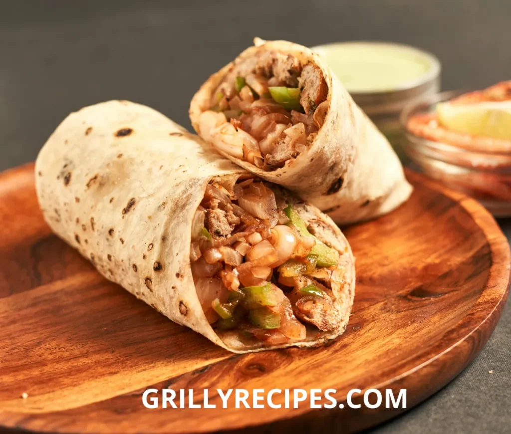 A delicious grilled burrito filled with seasoned meat, sautéed onions, and bell peppers, served on a wooden plate with dipping sauces.