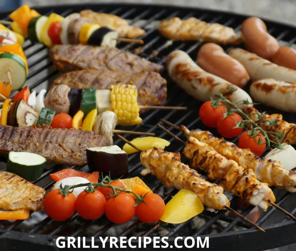  A variety of sizzling meats and vegetables cooking on a flat-top grill.