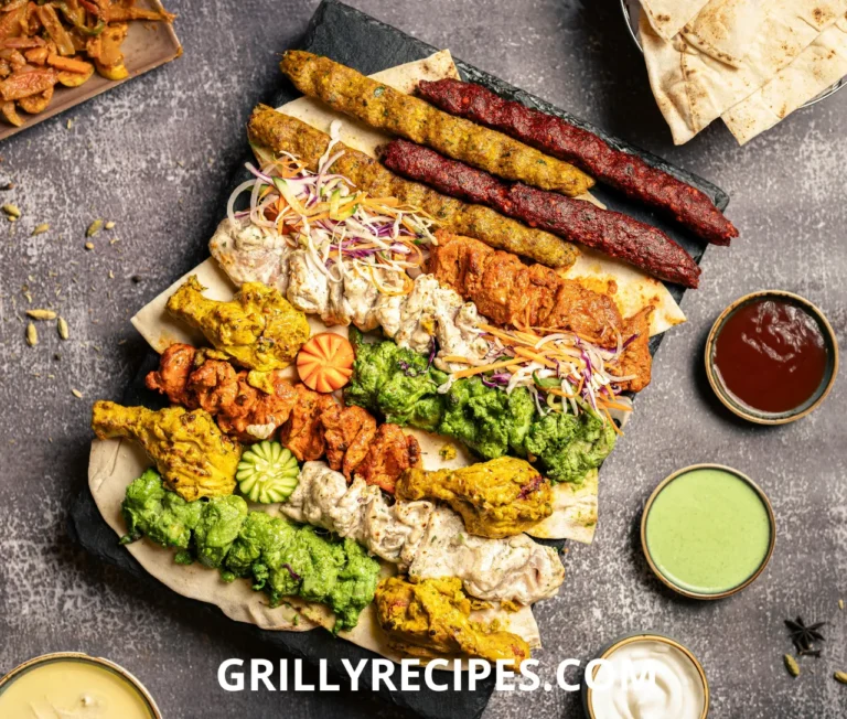 A variety of sizzling meats and vegetables cooking on a flat-top grill.