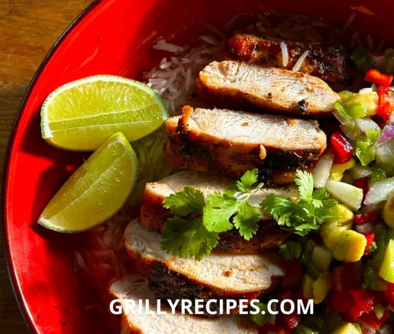 Grilled Nuggets Recipe served over rice with fresh salsa, lime wedges, and cilantro in a red bowl.