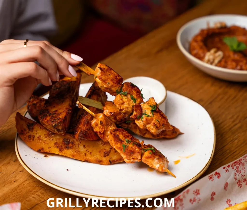 Grilled chicken skewers served with seasoned potato wedges on a white plate, with a dipping sauce on the side.