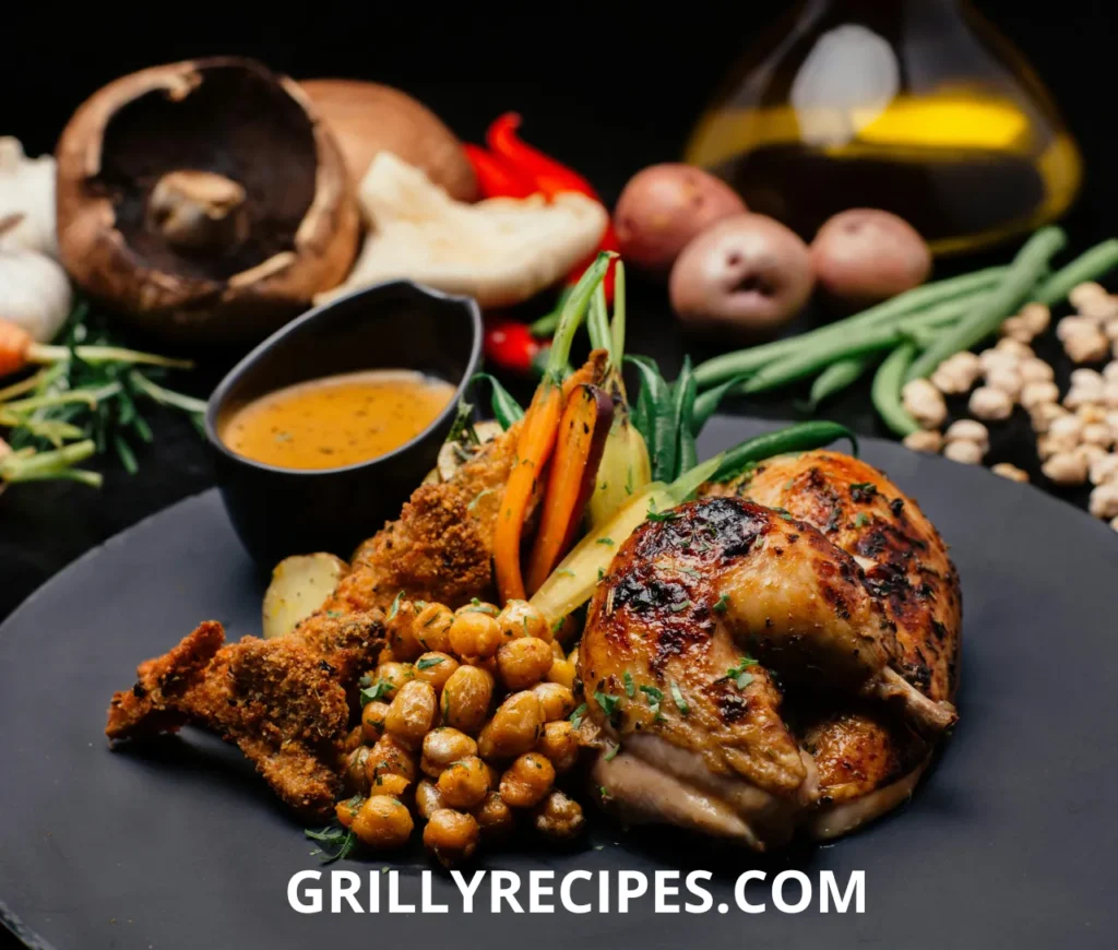 Juicy, marinated chicken grilling to perfection with a smoky, golden-brown crust, surrounded by colorful vegetables.