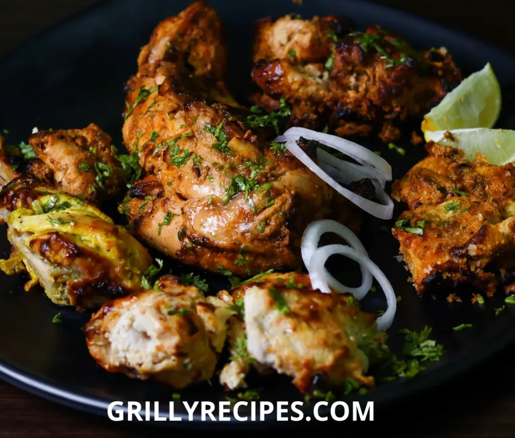 Juicy, marinated chicken grilling to perfection with a smoky, golden-brown crust, surrounded by colorful vegetables.