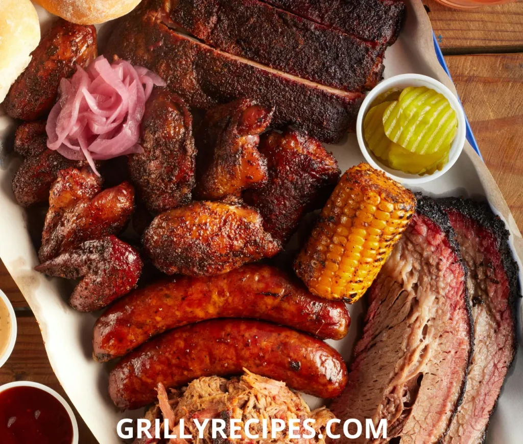 Sliced smoked brisket on a wooden cutting board with a rich smoke ring and juicy texture, showcasing a perfectly cooked pellet grill brisket.

