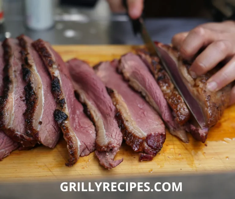 Sliced smoked brisket on a wooden cutting board with a rich smoke ring and juicy texture, showcasing a perfectly cooked pellet grill brisket.