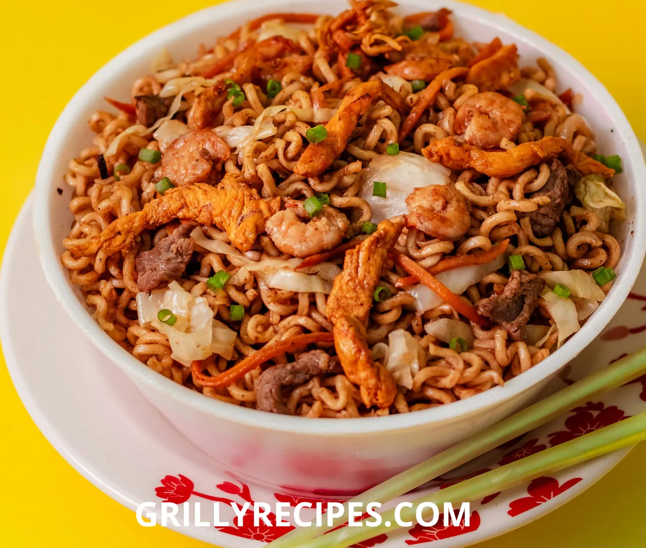 A comforting bowl of chicken long rice with tender chicken, glass noodles, and green onions in a flavorful broth.