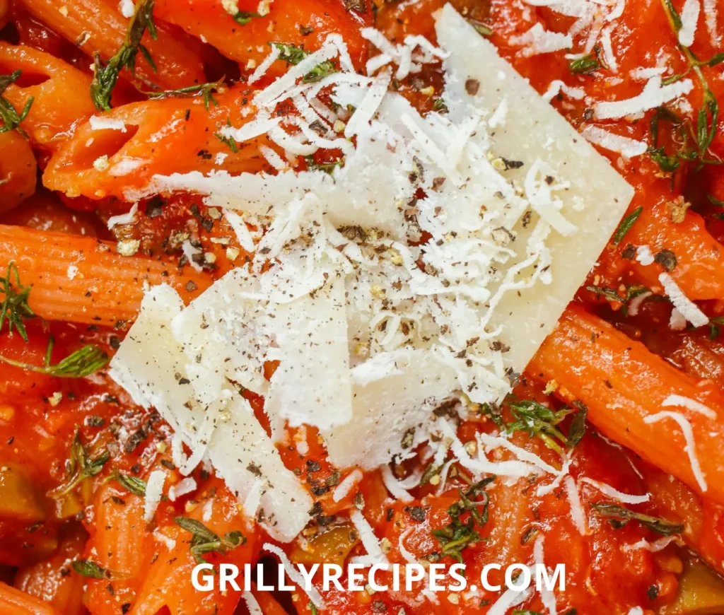 A bowl of creamy  Chicken Pasta Recipe garnished with fresh herbs and parmesan cheese.