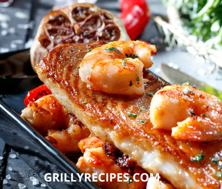 Barbecue Shrimp and fish fillet with roasted garlic and herbs on a black plate.
