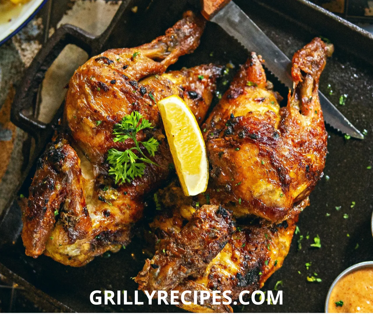 Sliced smoked chicken breasts with a golden-brown crust and pink smoke ring, garnished with fresh parsley on a wooden board, showcasing a succulent smoked chicken breast recipe.